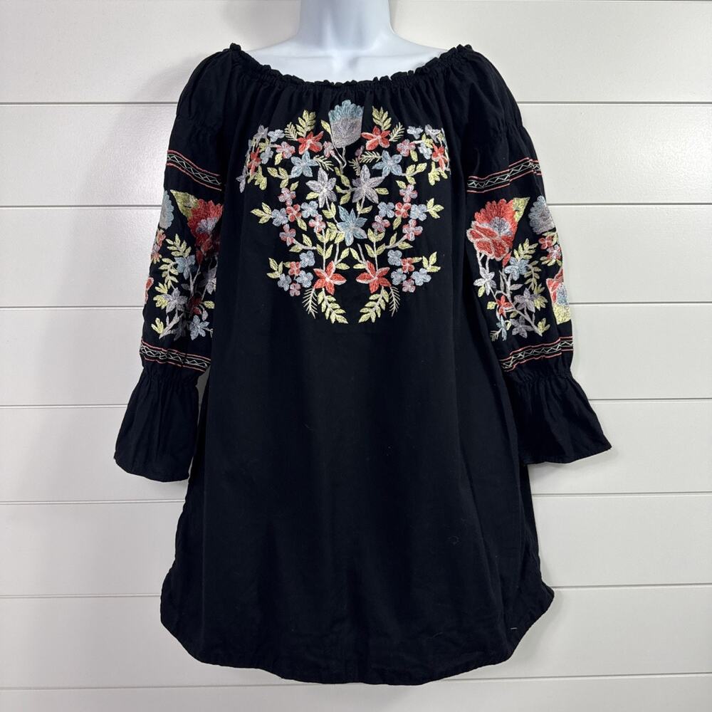 Free People Fleur Du Jour Mini Dress Off The Shoulder Black Embroidery sz M